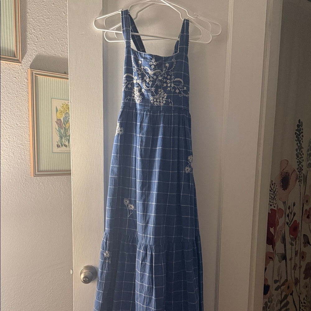 Madewell Navy Checkered Dress with White Floral Detail